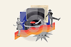 Collage creative banner poster illustration young funky girl man dancing have fun carefree vinyl record gramophone retro