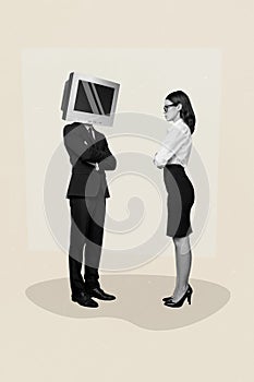 Collage creative composite artwork minimal template of two business partners headless computer monitor overwork isolated