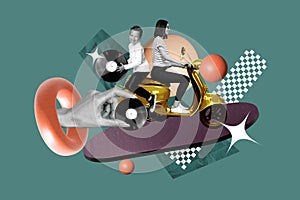 Collage creative photo of happy family riding fast retro scooter isolated on drawing background