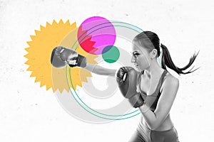 Collage creative poster black white filter strong powerful energy young woman fight boxer sport muscle box gloves figure