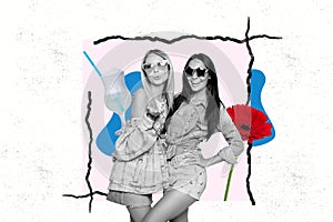 Collage creative poster image black white filter two beautiful charm cheerful young ladies pose model fashion cocktail