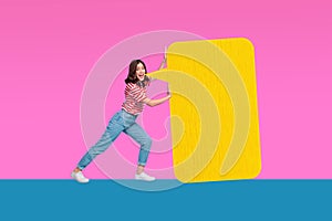 Collage creative poster image cheerful happy charm young woman push big block bubble mind text communication pink