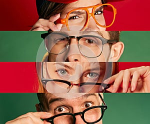 Collage. Cropped image of human eyes in glasses emotionally looking at camera over multicoloured background. Narrow photo