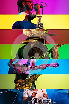 Collage with cropped portraits of young emotional talented musicians on multicolored background in neon light. Playing