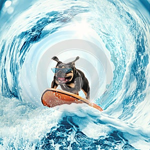 Collage with cute funny bulldog dog surfing on huge wave in ocean or sea on summer vacation over blue-white background.