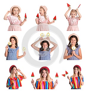 Collage of cute girls with lollypops on white photo