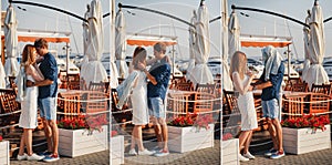 Collage. Cute young beautiful couple is hugging and kidding near to the small summer cafe at port, happy smiling outdoor