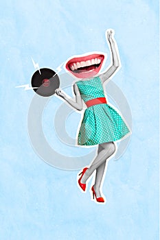 Collage 3d image of pinup pop retro sketch of funny funky young woman holding vinyl record big smiling mouth instead