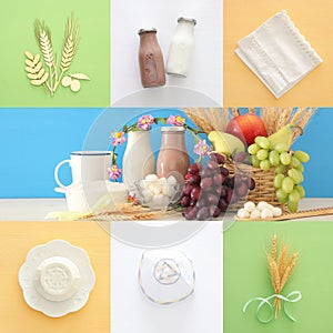 collage of dairy products and fruits. Symbols of jewish holiday - Shavuot. photo