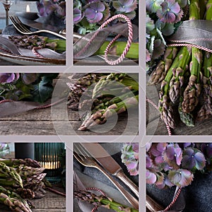 Collage of dark atmospheric food photography motives with asparagus photo