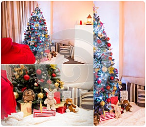 Collage of decorated Christmas tree in a room