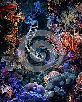 Collage of deep sea and coral reef imagery, with DNA strands weaving through an electric underwater world