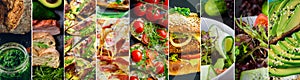 Collage of delicious food and fastfood close-up photo