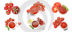 Collage with delicious tomato sauce on background, top view