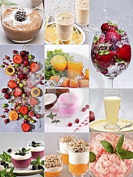 Collage depicting natural healthy fruit drinks, desserts and smoothies. Proper nutrition.