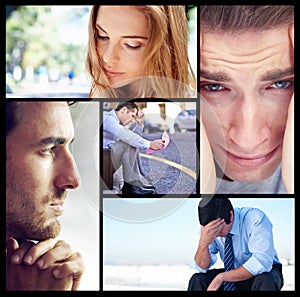 Collage, depression and mental health for businessmen, professional and woman with anxiety, stress and sad. Depression