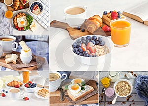 Collage from differen kind of healthy european breakfast with eggs, coffee, juice, smoothie and fresh berries