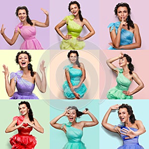 The collage from different emotions and feelings of a young woman