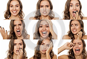 Collage with different emotions in one young woman on a white background
