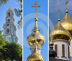 Collage of different golden cupola of orthodox church