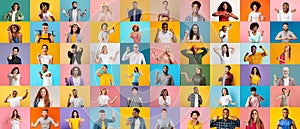 Collage Of Different Happy People Portraits Over Bright Studio Backgrounds