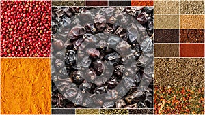 Collage of different herbs and spices background.