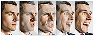 The collage of different human facial expressions, emotions and feelings.