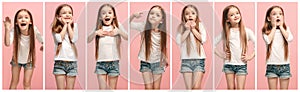 The collage of different human facial expressions, emotions and feelings of young teen girl.