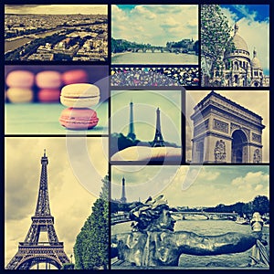 Collage of different landmarks in Paris, France, cross processed photo