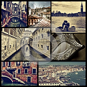 Collage of different locations in Venice, Italy, cross processed