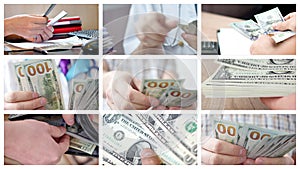 Collage of different people counting money. of a lot of money