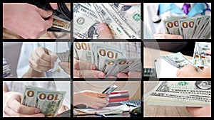 Collage of different people counting money. of a lot of money