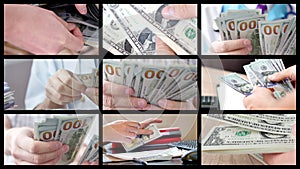 Collage of different people counting money. of a lot of money