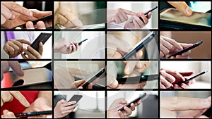 Collage of different people hands texting SMS on smartphones