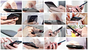 Collage of different people hands texting or typing SMS on smartphones.