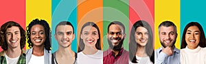 Collage of different people portrairs smiling on bright studio background, panorama with free space. Multiethnic society