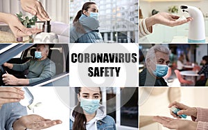 Collage with different photos devoted coronavirus. Be in safety