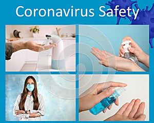 Collage with different photos devoted coronavirus. Be in safety