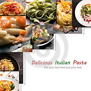 Collage from different photos of Italian pasta