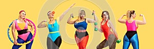 Collage of different photos of professional sportswomen, plus-size athlete in action and motion isolated on yellow