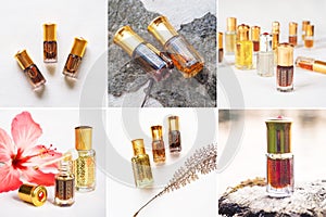 Collage from different pictures of Arabian oud attar perfume or agarwood oil fragrances in mini bottles