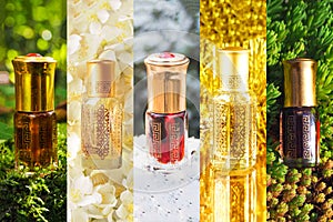 Collage from different pictures of Arabian oud attar perfume or agarwood oil fragrances in mini bottles