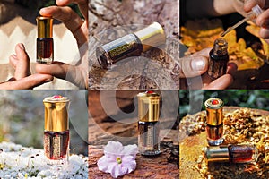 Collage from different pictures of Arabian oud attar perfume or agarwood oil fragrances in mini bottles