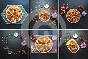 Collage from different pictures of Arabic traditional food bowls Kabsa with meat