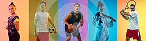 Collage of different professional sportsmen, fit male and female athletes  on color background. Flyer.