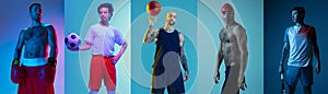 Collage of different professional sportsmen, fit men posing isolated on color neon background. Flyer.