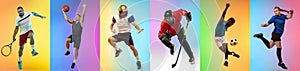 Collage of different professional sportsmen, fit people in action on color neon background. Flyer.