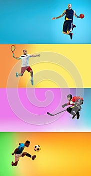 Collage of different professional sportsmen, fit people in action and motion isolated on color background. Flyer.