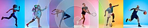 Collage of different professional sportsmen, fit people in action and motion isolated on color background. Flyer.