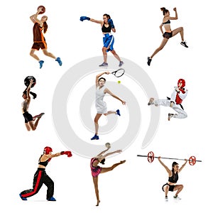 Collage of different professional sportsmen, fit people in action and motion isolated on white background. Concept of